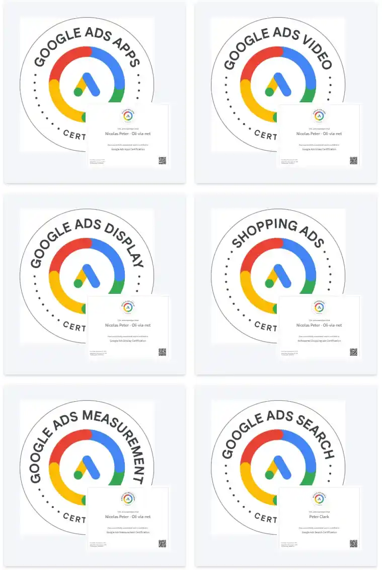 Certifications Google Ads obtenues par Nicolas Peter : Search, Display, Shopping, Video, Apps et Measurement