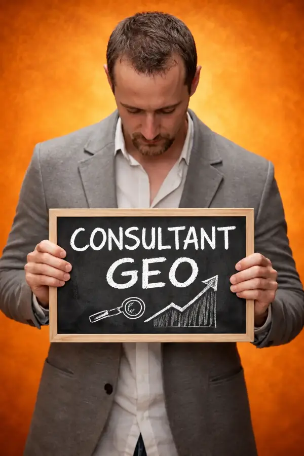 Nicolas Peter, consultant GEO, tenant une ardoise « Consultant GEO »