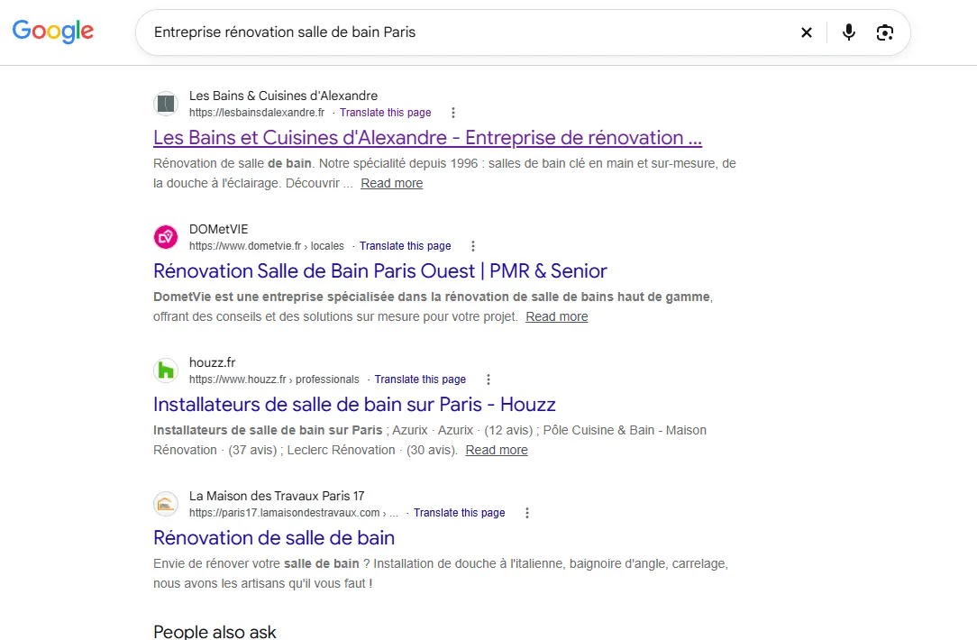 Résultats Google du 17 octobre 2026 : Les Bains et Cuisines d’Alexandre en première position sur entreprise rénovation salle de bain Paris