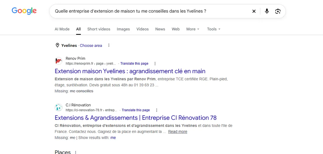 Résultats Google du 17 octobre 2026, Renov Prim et CI Rénovation en première page pour une extension de maison dans les Yvelines