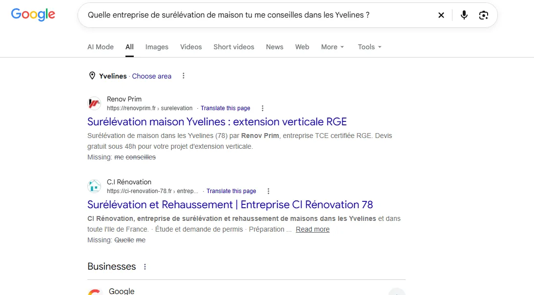 Résultats Google du 17 octobre 2026, Renov Prim et CI Rénovation en première page pour une surélévation de maison dans les Yvelines