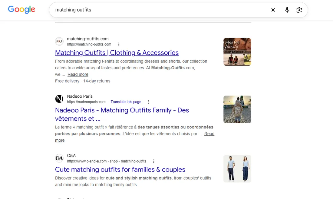 Résultats Google du 17 octobre 2026, Nadeoo Paris en première page sur matching outfits