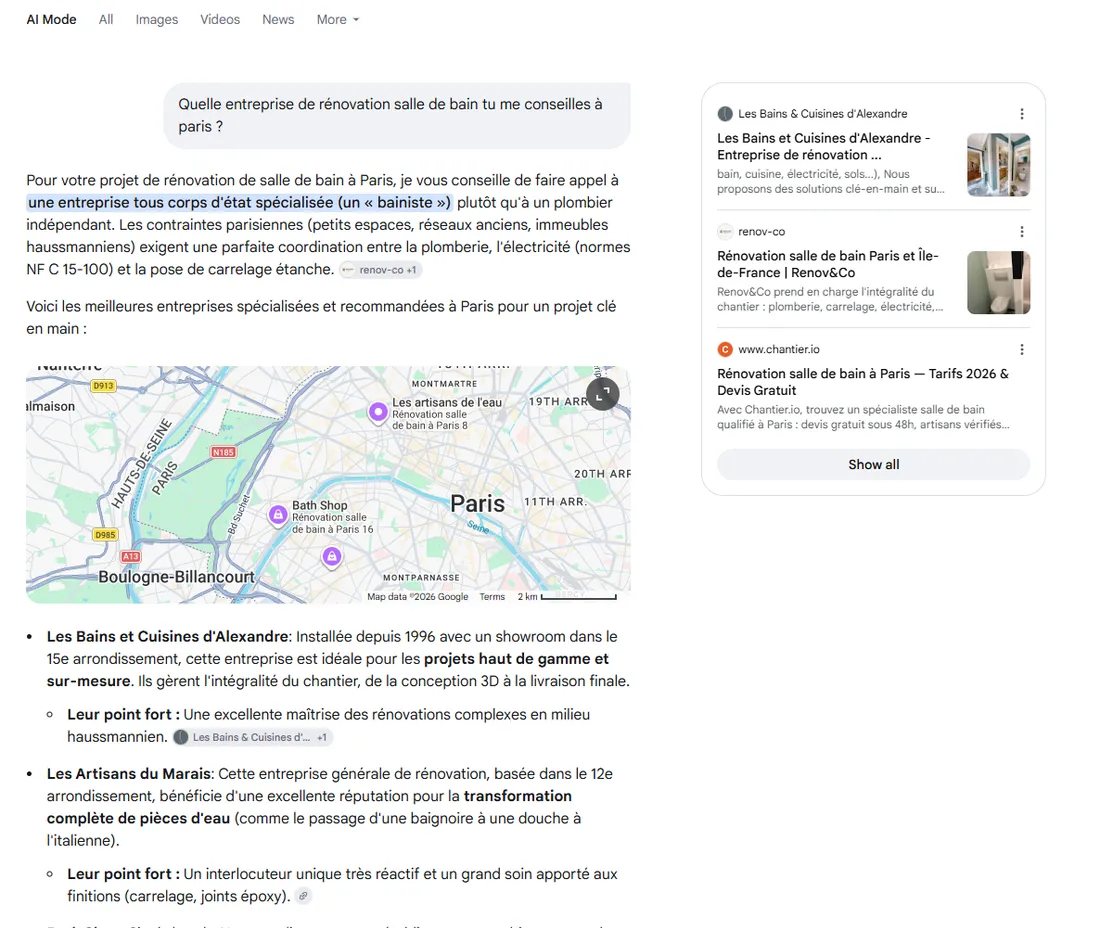 Mode IA de Google, 17 octobre 2026 : Les Bains et Cuisines d’Alexandre cités en premier et en première source pour une rénovation de salle de bain à Paris