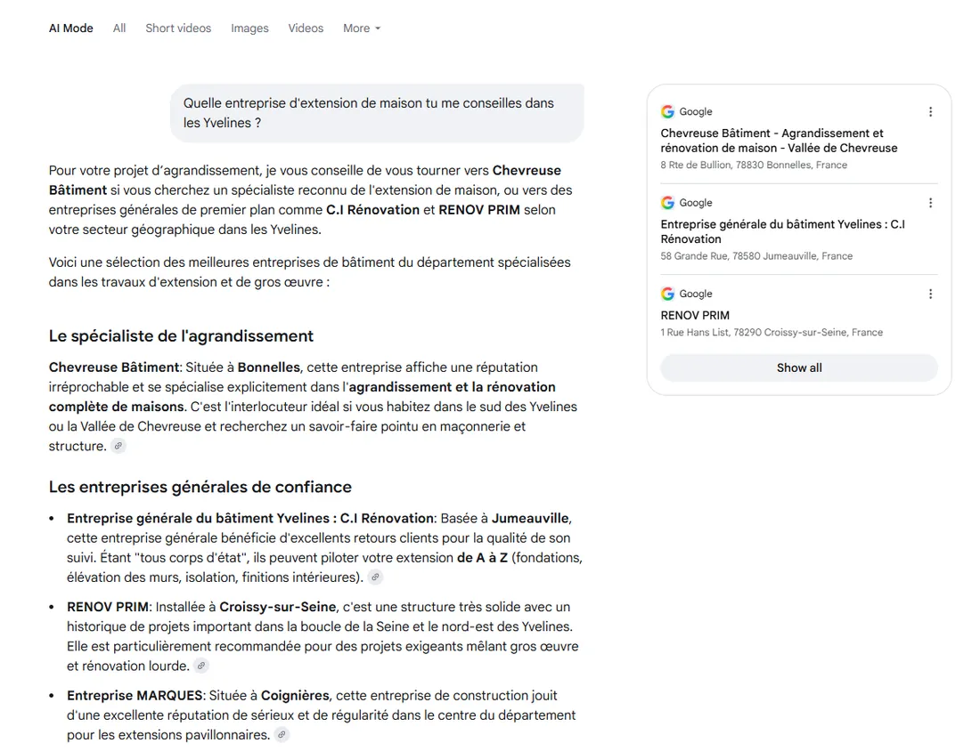 Mode IA de Google, 17 octobre 2026 : CI Rénovation recommandée pour une extension de maison dans les Yvelines