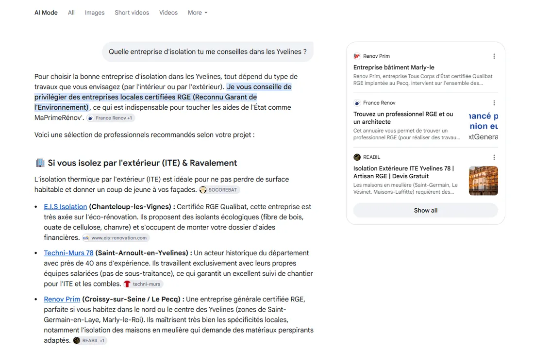 Mode IA de Google, 17 octobre 2026 : E.I.S Isolation citée en premier pour l’isolation par l’extérieur dans les Yvelines