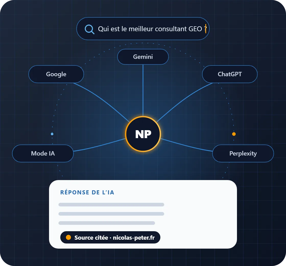 Schéma animé : une question posée à Google, ChatGPT, Gemini, Perplexity et au Mode IA converge vers une source unique, citée dans la réponse